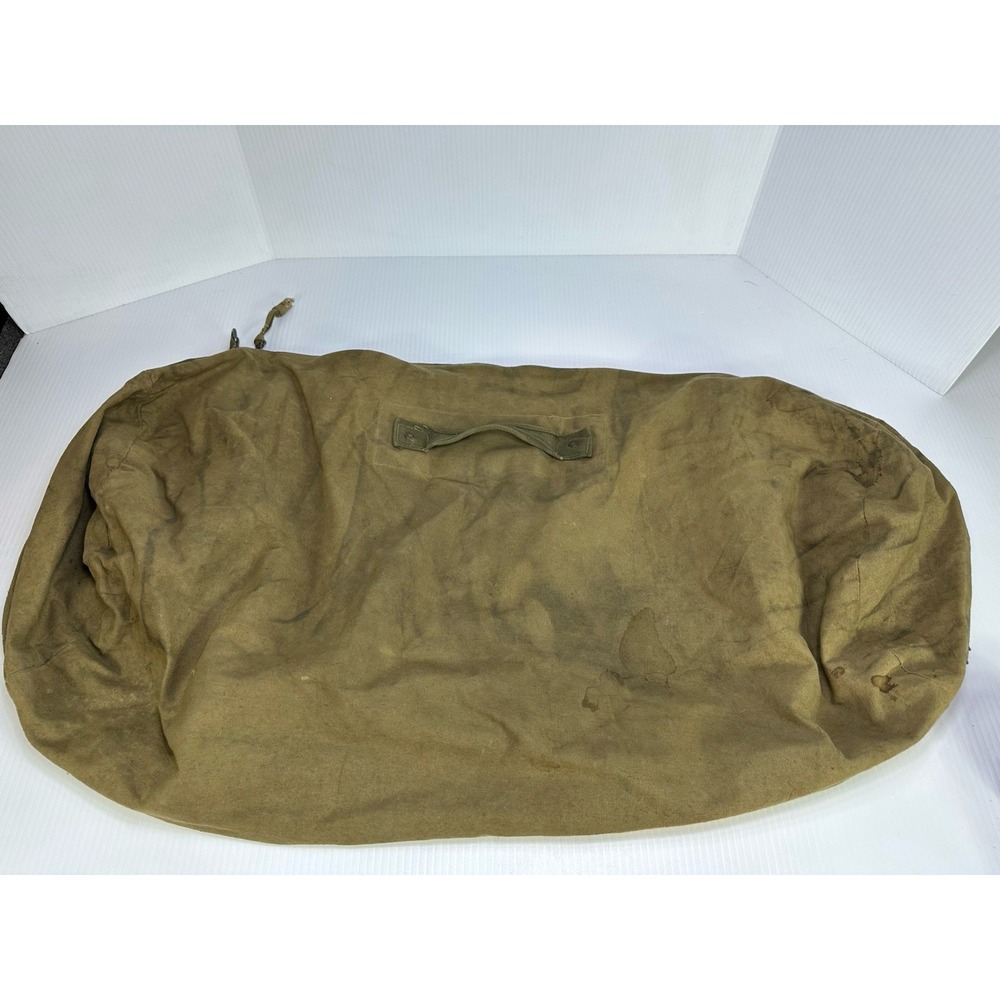 Vintage US Military Green Canvas Duffle Bag Heavy Duty Full Zipper 2 Handles